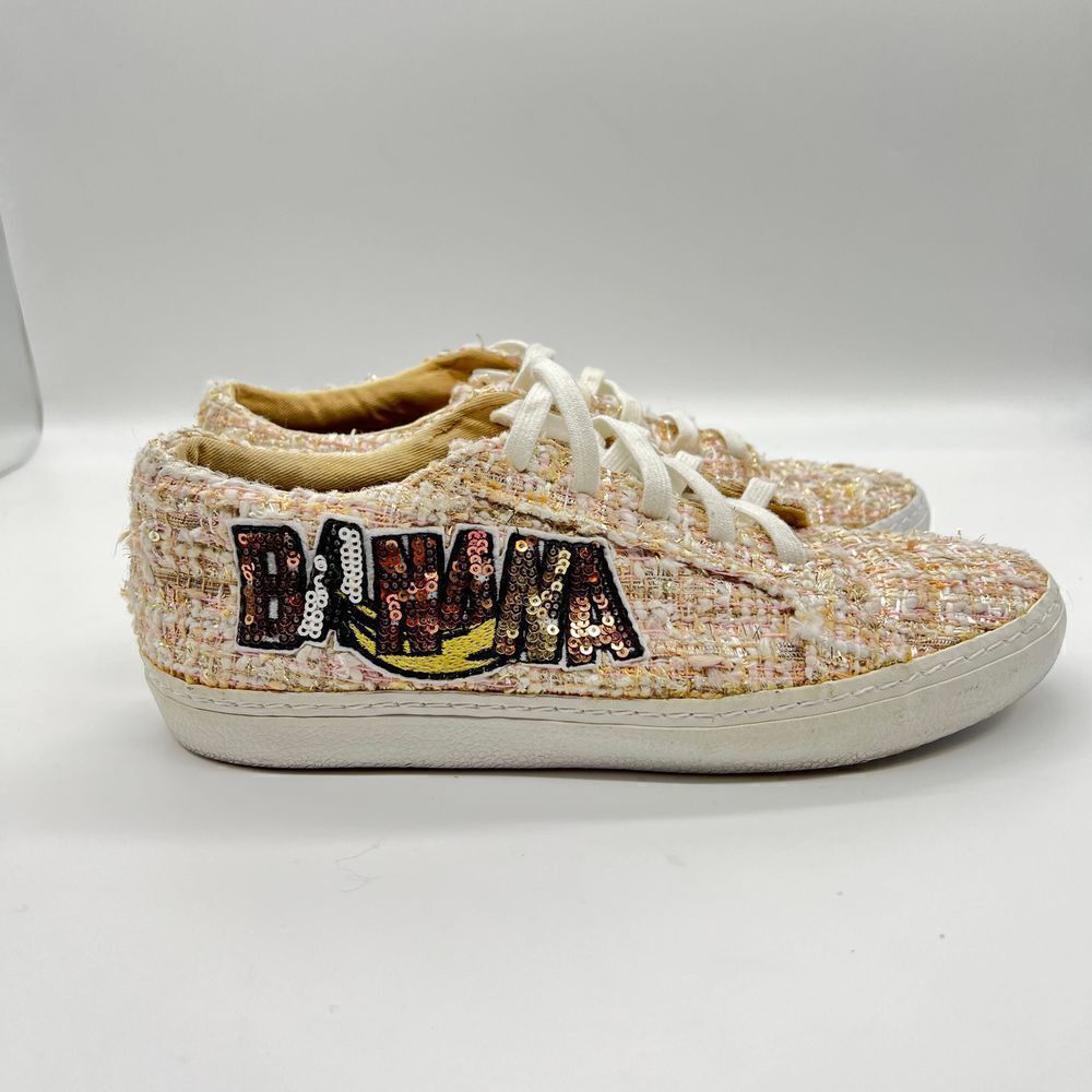 Zara Sequin Banana Patch textured TweedTan White Bronze Sneakers Size 37